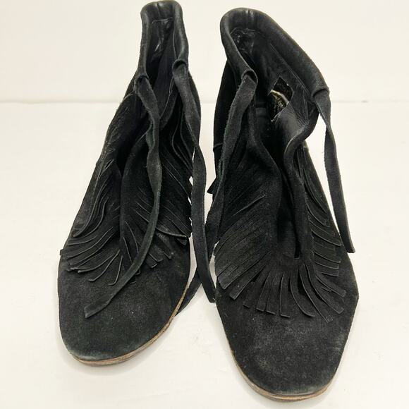 MAJE Fringed Heeled Ankle Bootie Boots Leather Suede Black Womens Size US 8 EU39 - Picture 6 of 10